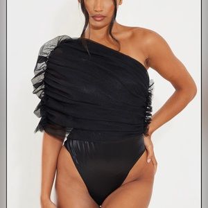 PrettyLittleThing black ruffle one shoulder bodysuit